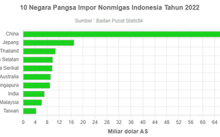 10 Negara Pangsa Impor Nonmigas Indonesia Tahun 2022